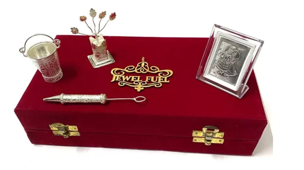 Holi Gift Combo Pack hamper of Silver Holi Pichkari, Bucket, Radha Krishna Frame And Tulsi Plant