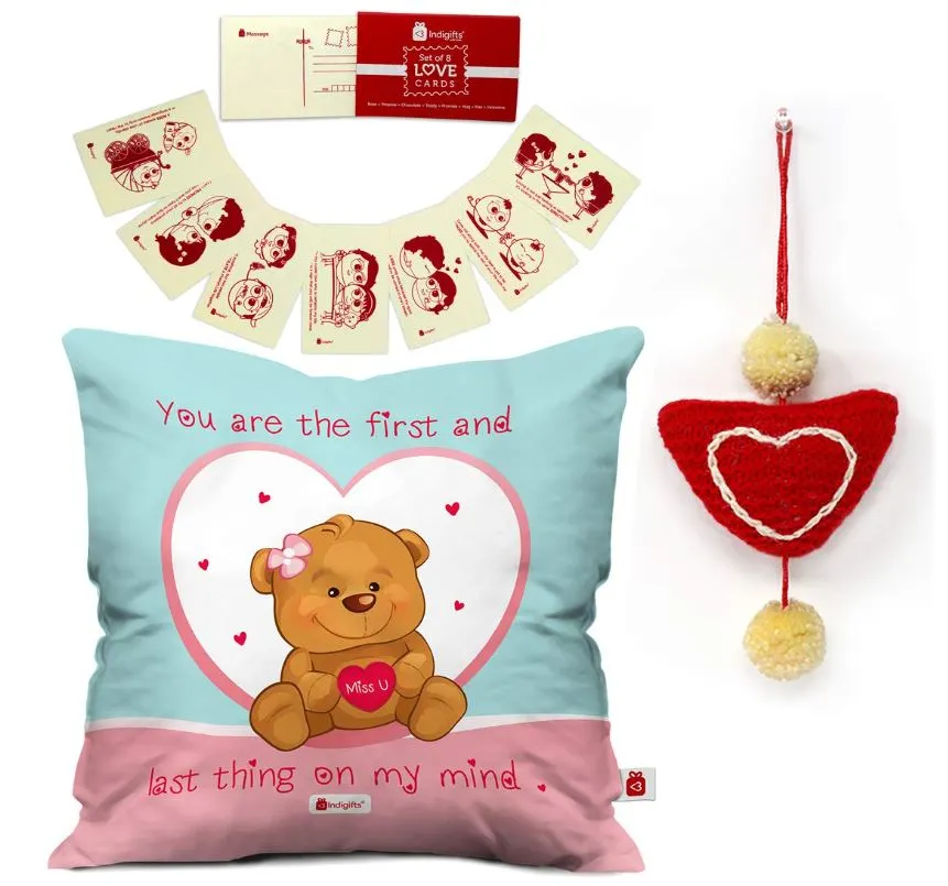 Valentine Day Special Love Quote Cute Teddy Bear Inside a Heart Blue Cushion Cover 16x16 inches, 8 Love Postcard and 1 Heart Hanging - Gift for Boyfriend-Girlfriend-Wife-Husband-Men-Birthday