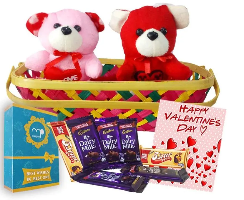 Valentines Chocolate Basket Gift , Teddy Bear and Chocolate Basket Hamper - Valentine Day Gift for Girls Boys Boyfriend Girlfriend Husband Wife Love – Chocolate and Teddy Day Gift